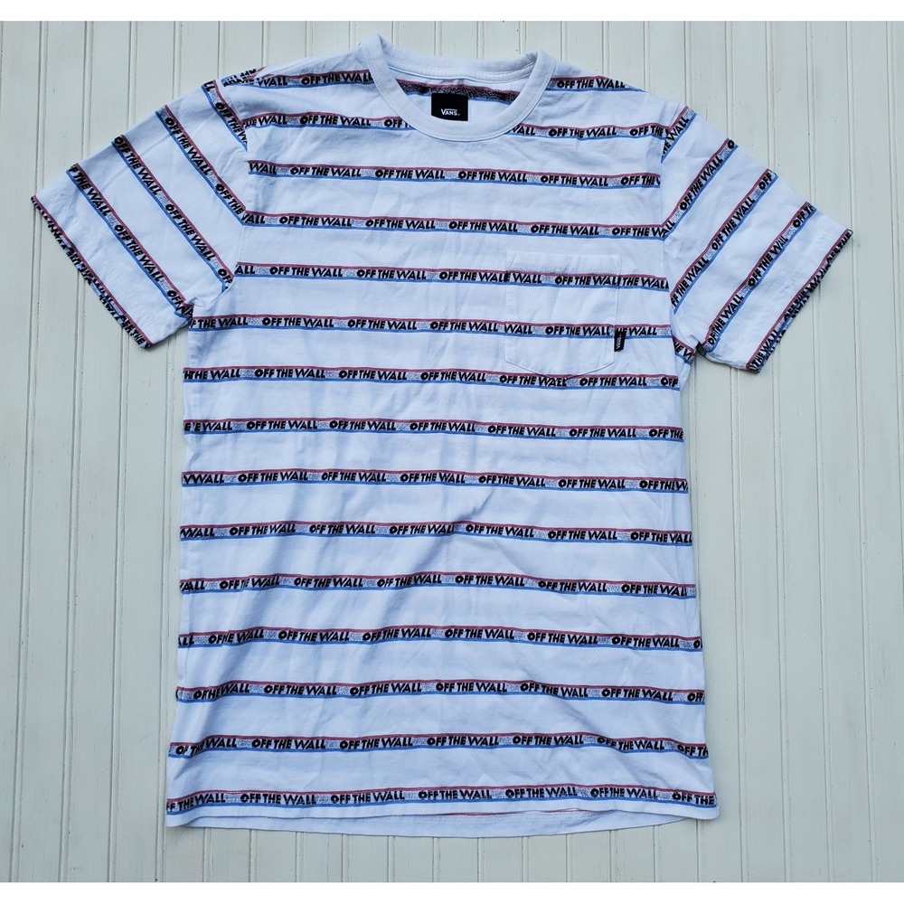 Vans Off The Wall Striped Pocket T-Shirt Mens Medium White Red Blue Logo Tee